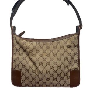 GUCCI Vintage Shoulder Bag Crossbody GG Logo Canvas Leather Brown Used
